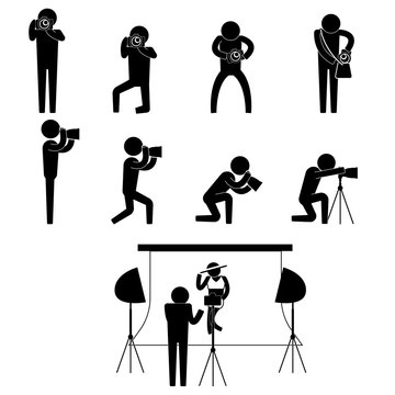 photographer and bikini model during photo shoot session icon sign symbol pictogram vector