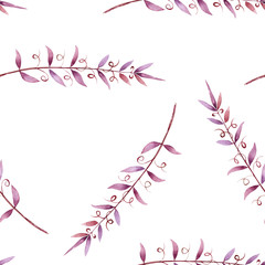 A seamless pattern with the watercolor purple branches, hand-drawn on a white background, wedding, tender decoration