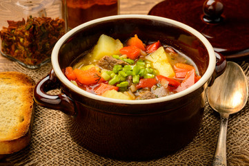 Hungarian soup goulash with meat and vegetables.