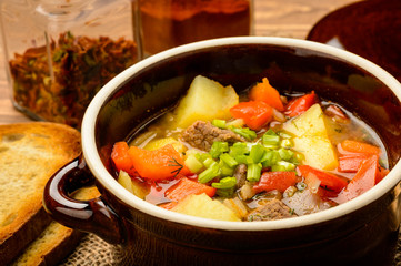 Hungarian soup goulash with meat and vegetables.