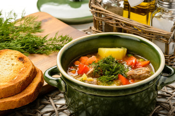 Hungarian soup goulash with meat and vegetables.