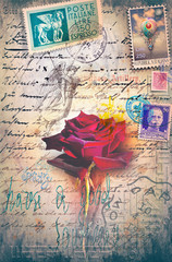 Naklejka premium Old paper with vintage postcard and stamps series