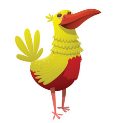 Vector cartoon image of a funny fantasy beautiful tropical bird with bright yellow-red feathers, big yellow tail and a big red beak standing on a white background. Vector illustration.