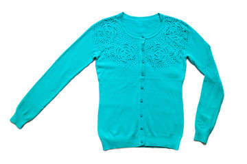 Obraz premium blue cardigan with buttons and roses isolated on white