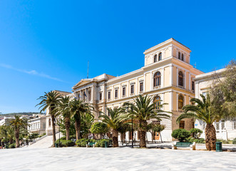 Syros capital of Cyclades Islands and the beautiful new Classic municipal building.Aegean sea,Greece
