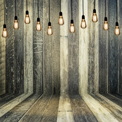 Mock up room and floor with retro light bulbs