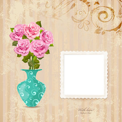 vintage greeting card with vase of roses on a old paper with Ret