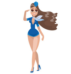 Vector cartoon image of a beautiful stewardess with long chestnut hair in a short blue suit, white cravat and blue forage-cap smiling on a white background. Airline. Vector illustration.