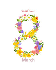 greeting card with spring flowers for congratulation woman's day