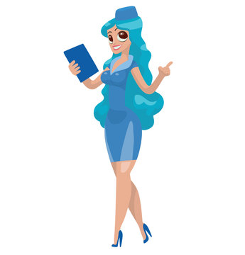 Vector cartoon image of a beautiful stewardess with long wavy blue hair in a blue uniform and blue forage-cap on her head, with blue folder in hand on a white background. Airline. Vector illustration.