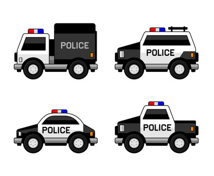 Police Car Set. Classic Black and White Colors. Vector