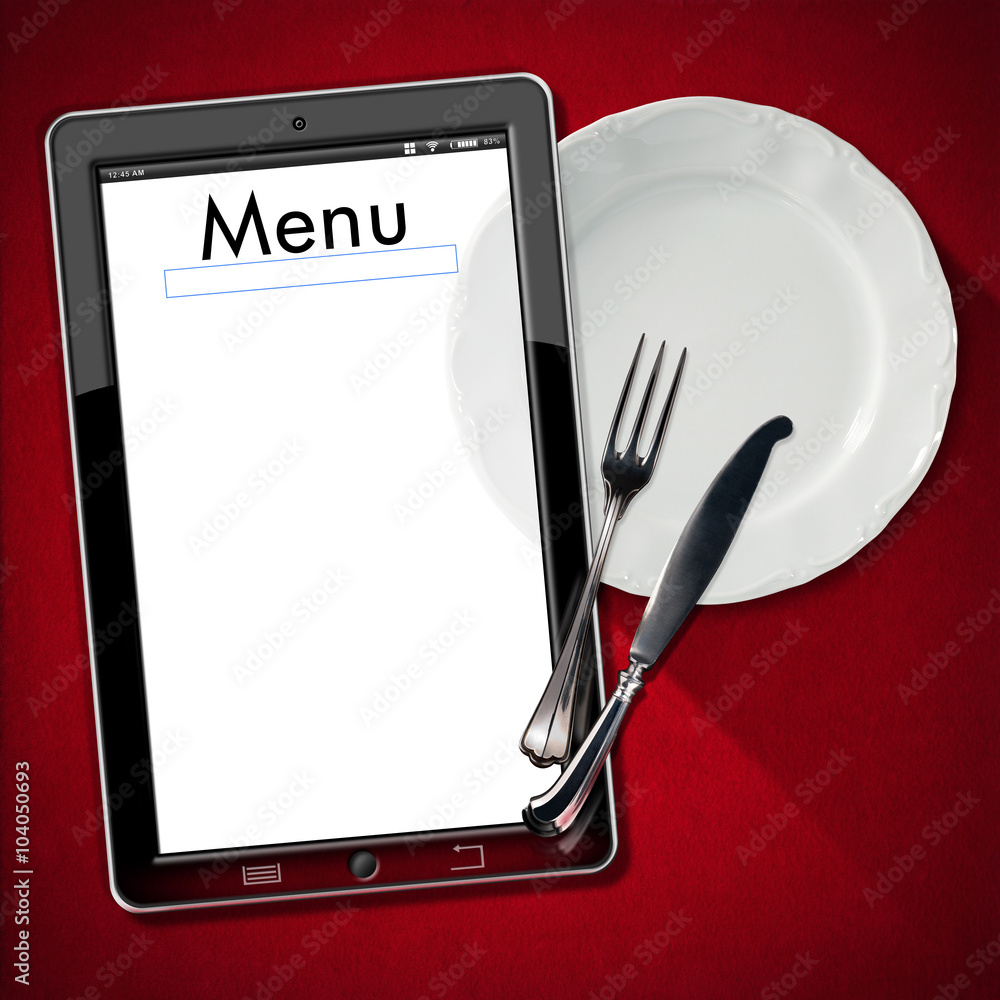 Poster restaurant menu in the tablet computer / tablet computer with text menu in the screen, on a red velv
