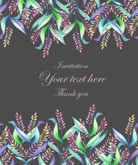 A template of a postcard, decorative place (banner) for a text with an floral ornament of the watercolor spikelets on a dark background, a greeting card, a decoration postcard or wedding invitation