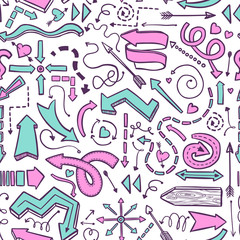 seamless pattern of hand drawn pink and blue vector arrows on white