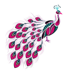 Patterned colored peacock. African / indian / totem / tattoo design. It may be used for design of a t-shirt, bag, postcard and poster.