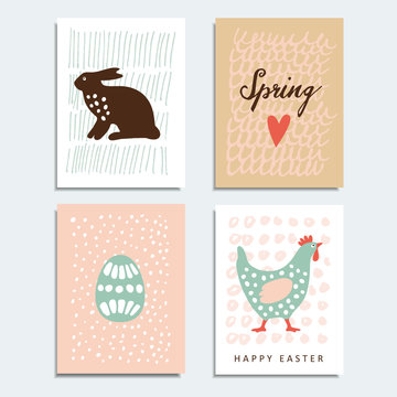 Set of hand drawn spring, easter cards with artistic textured background, vector