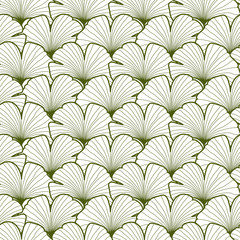 Green and white graphic ginkgo leaves seamless pattern
