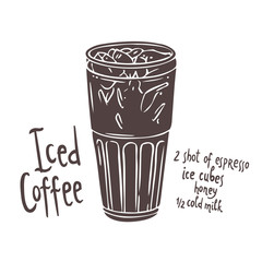 silhouette of cup of Iced Coffee on white background with typography, hand drawn illustration