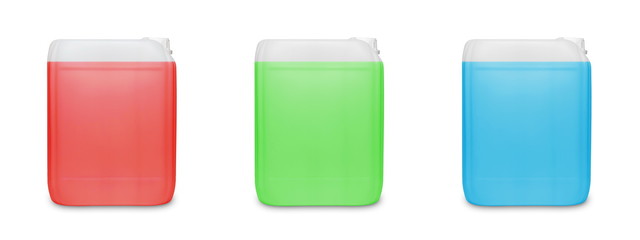 Three transparent cleaning supply product container isolated on 
