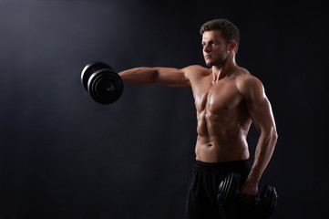 Fototapeta na wymiar Working on every inch. Studio portrait of a young handsome fit and toned sporty man working out holding dumbbells