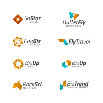Logo design templates. Vector Abstract geometric shapes, plane, butterfly, cog, star, rocket for icon, logotype design, technology, business, spa, nature, travel themes.