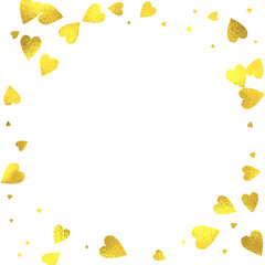 Gold glittering foil hearts square frame on white background, vector isolated design elements
