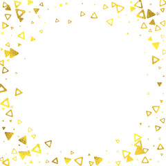 Gold glittering square frame with foil triangles isolated on white background, vector design elements