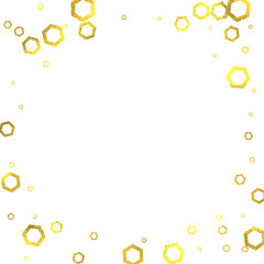 Gold glittering foil hexagons square frame on white background, vector isolated design elements