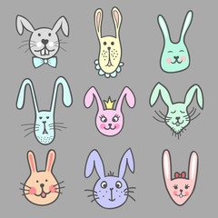 Set of colorful cute doodle bunny faces. Pet heads. Vector illustration