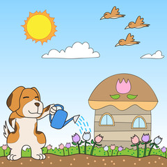 vector cartoon character dog watering