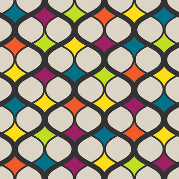 Vector seamless geometric retro pattern. Colorful Abstract background made with curved lines.