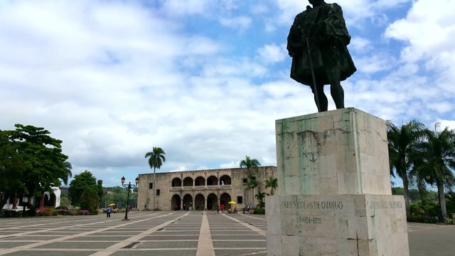 Columbus Statue In Front Of Alcazar De Colon, Zona Colonial, Santo Domingo, In Dominican Republic