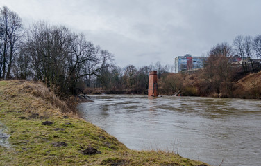 View from the Riverwalk in Chernyakhovsk, Russia of the Angrapa River as it reaches flood levels after several days of non-stop rainy weather.