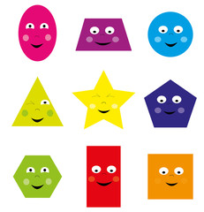 collection of smiling, happy cartoon geometric shapes / educational set of basic shapes for children on white background