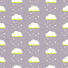 Rainy clouds on violet starry background sky fantasy kid seamless pattern. Purple wallpaper and fabric cute baby design.