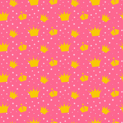 Girlish pink pattern with princess crowns.. Star confetti, yellow gold crowns fun kid wallpaper and fabric design.