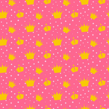 Girlish Pink Pattern With Princess Crowns.. Star Confetti, Yellow Gold Crowns Fun Kid Wallpaper And Fabric Design.