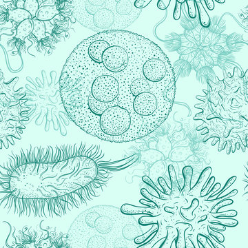 Seamless pattern with microbes and viruses. Vintage design set. Hand drawn vector illustration.