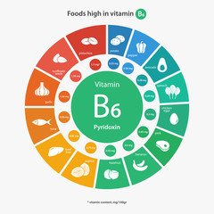 Foods high in vitamin B6. Vitamin content of foods. Healthy lifestyle and diet vector illustration infographics with food icons.