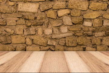 stone wall background with wooden slats floor