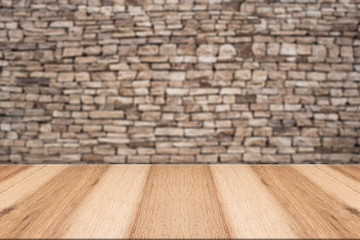 stone wall background with wooden slats floor