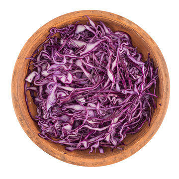 Shredded red cabbage in a bowl