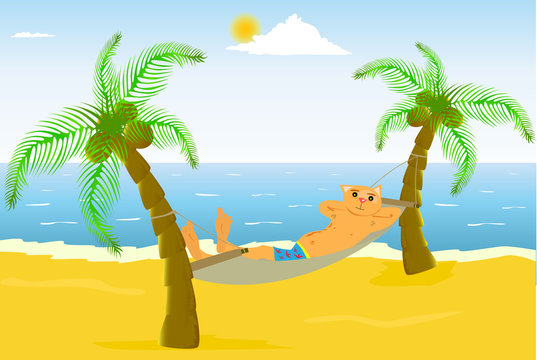 Cartoon cat on a beautiful beach with palm tree