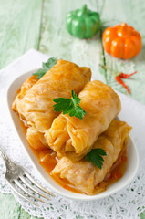 Stuffed cabbage rolls with rice and meat on a white plate