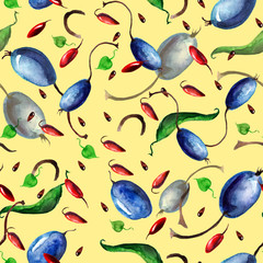Паттерн сливы и ягоды акварелью