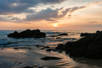 Picturesque seaview, sunset in Andaman sea, Naithon beach, Phuket. Dramatic sunset at Naithon Beach, Phuket, Thailand