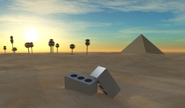 sunset in the desert, pyramid and palms, foam block building