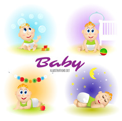 Baby set illustrations. Set of funny babies. Cartton Vector isolated illustrations.