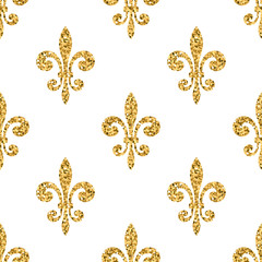 Golden fleur-de-lis seamless pattern. Gold glitter and white template. Floral texture. Glowing fleur de lis royal lily. Design vintage for card, wallpaper, wrapping, textile, etc. Vector Illustration. © alona_s