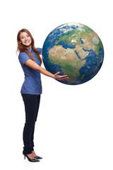 Woman in full length holding earth globe